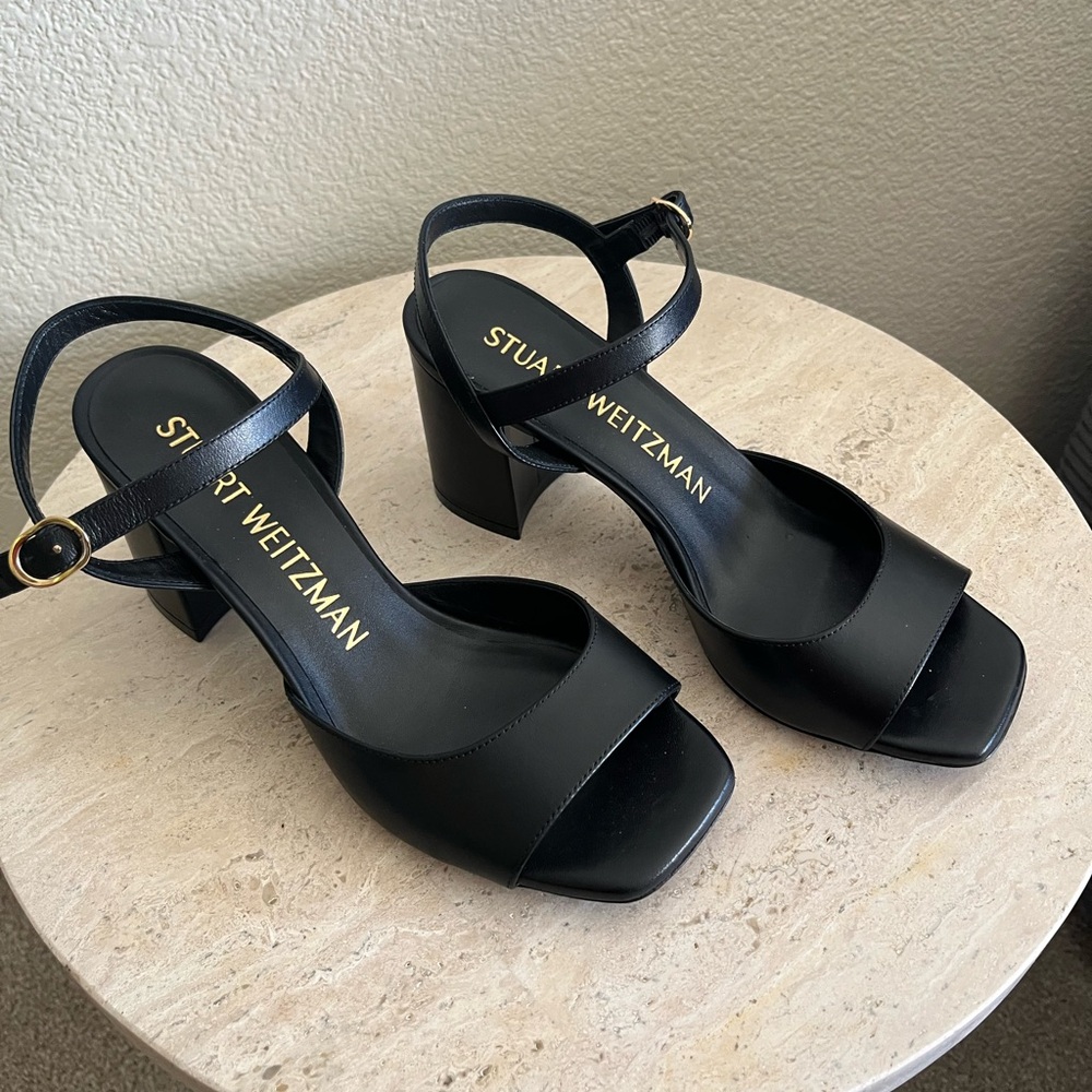 Stuart Weitzman Tia 75 mm Block Sandals In Black Leather